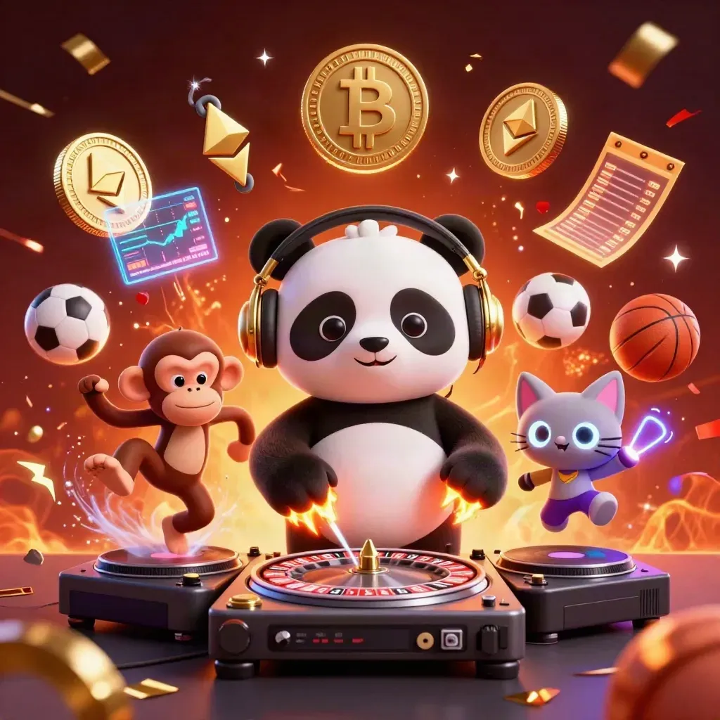 DJ panda, monkey, and glow-stick kitten amid casino coins, lightning, confetti, and fire-lit effects.