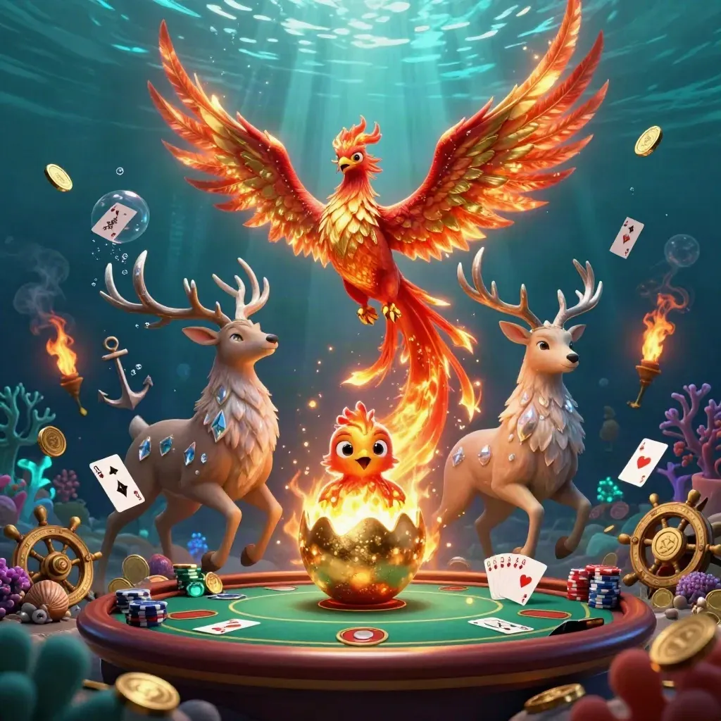 Fire phoenix, baby phoenix, and crystal stag in a glowing underwater treasure cove with poker props