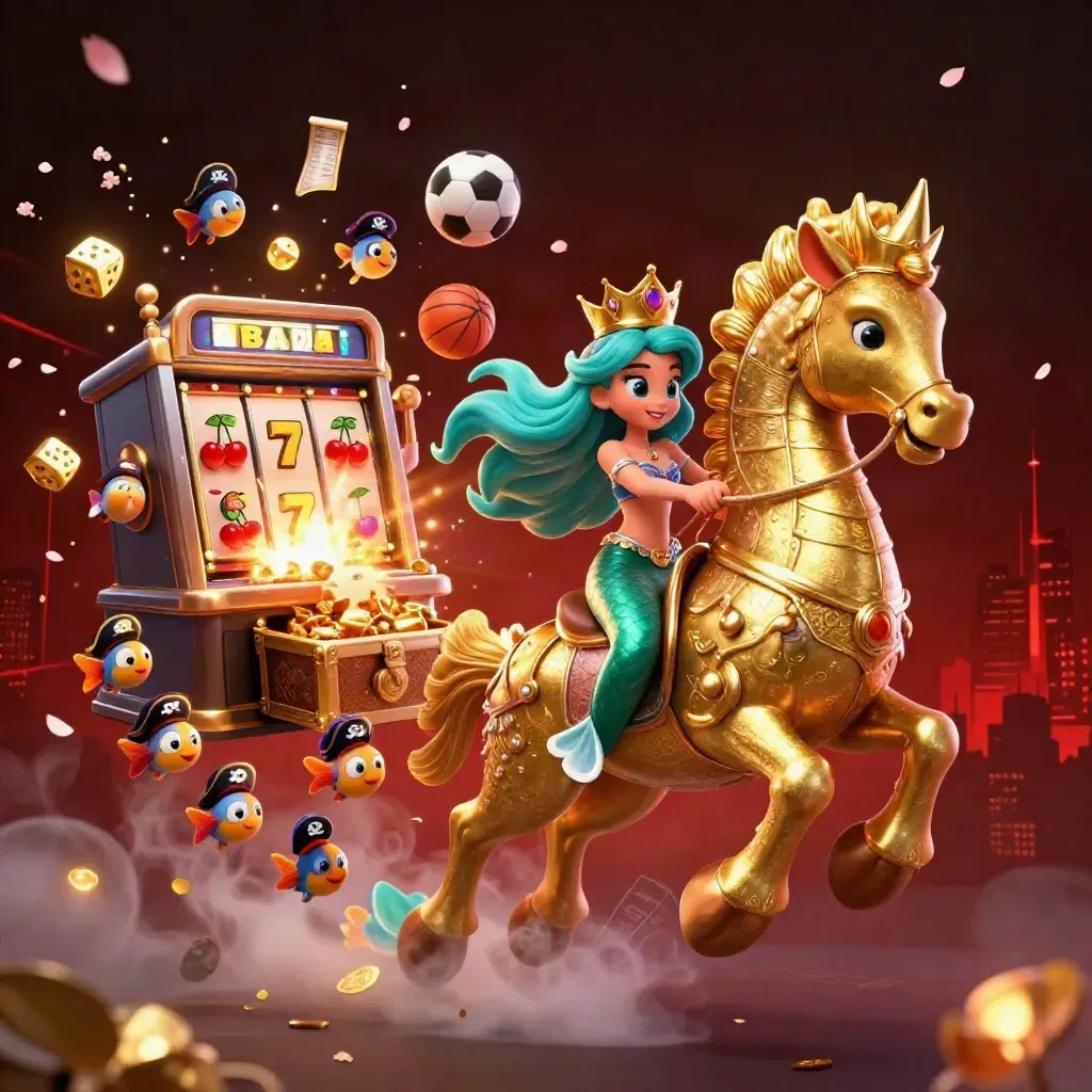 Mermaid princess on golden seahorse amid slot machine burst, gold, fish, and sports balls