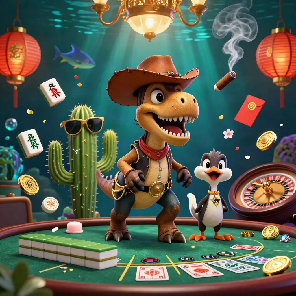 Cowboy T-rex, cactus, and roadrunner amid a jewel-toned casino glow and underwater light