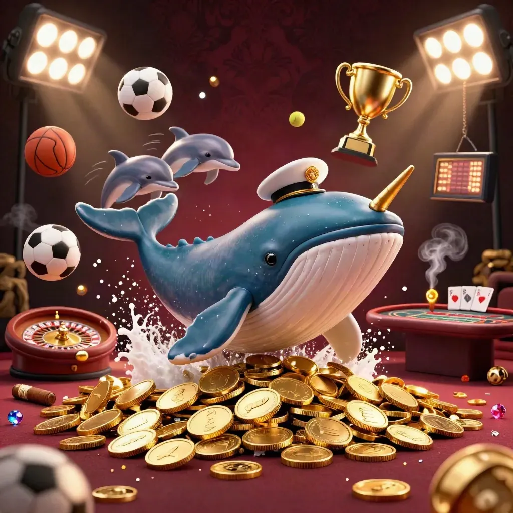 Whale captain, narwhal, and dolphins amid coins, sports balls, trophy, roulette wheel, and casino glow.