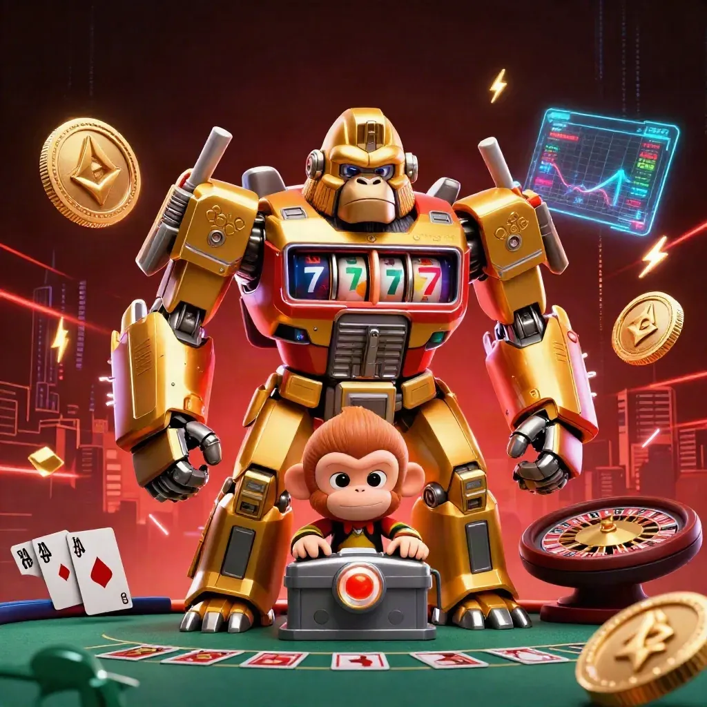 Golden gorilla mech with tiny monkey pilot amid neon crypto, roulette, and casino energy