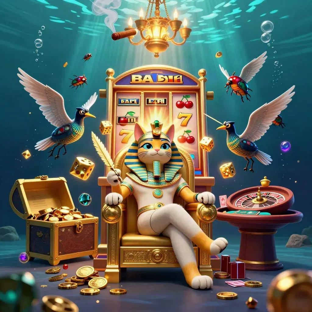 Pharaoh cat, ibis scribe, and scarabs amid slot bursts in a glowing underwater casino scene.
