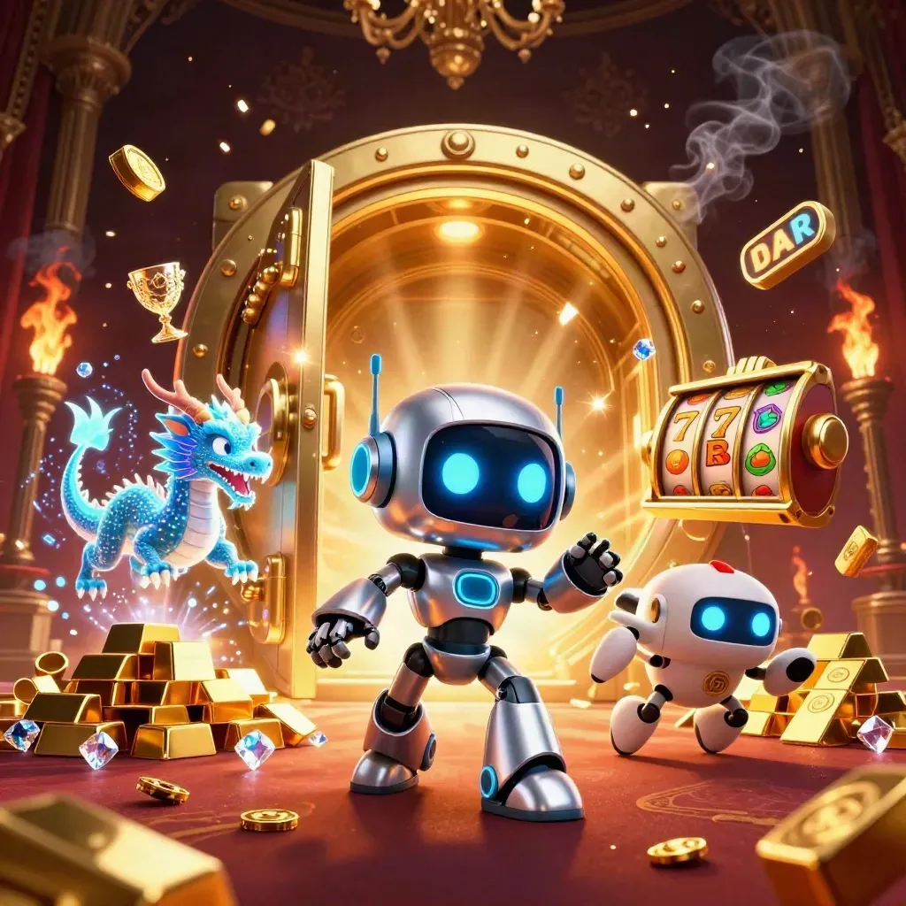 Chrome robot, holographic dragon and coin drone burst from a glowing treasure vault amid gold and gems.