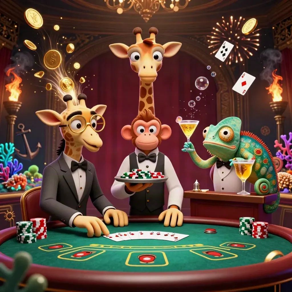 Giraffe, monkey, and chameleon at a glowing poker table amid treasure, coins, fireworks, and dark luxury backdrop