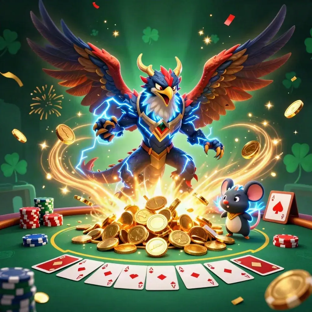 Thunder dragon, wind hawk, and thunder-mouse over poker chips, cards, coins, and fireworks