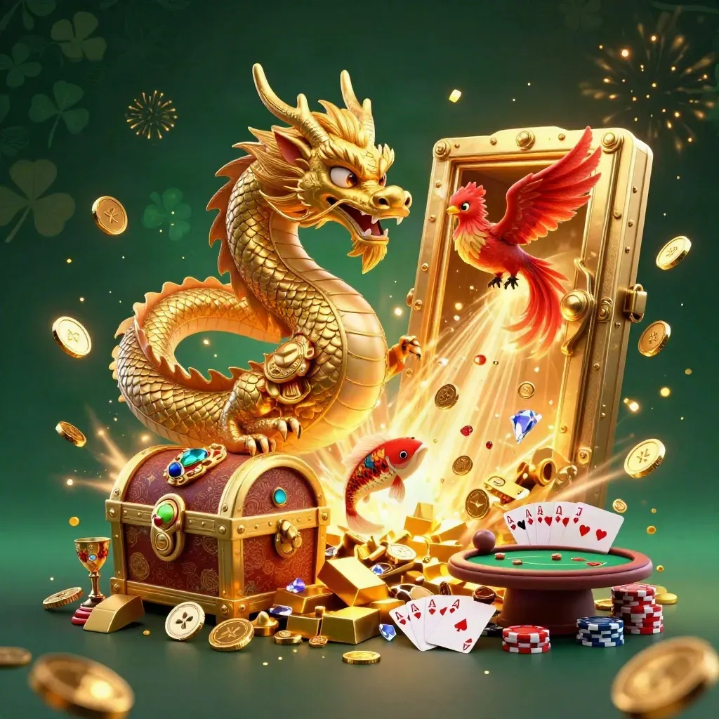 Golden dragon, phoenix, koi, vault burst, poker chips, coins, and fireworks on dark emerald