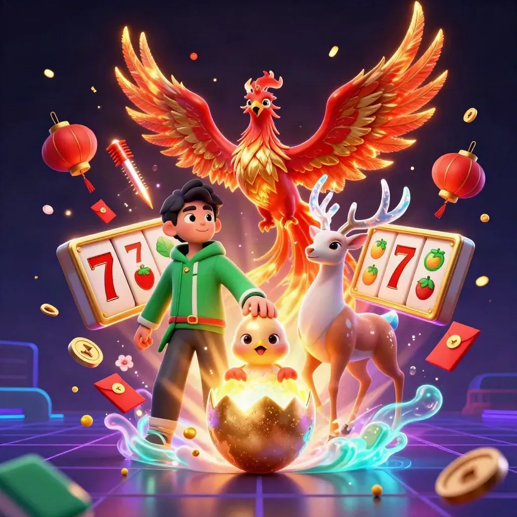Fire phoenix, hatching baby phoenix, and crystal-antler stag amid casino icons on a dark neon grid.