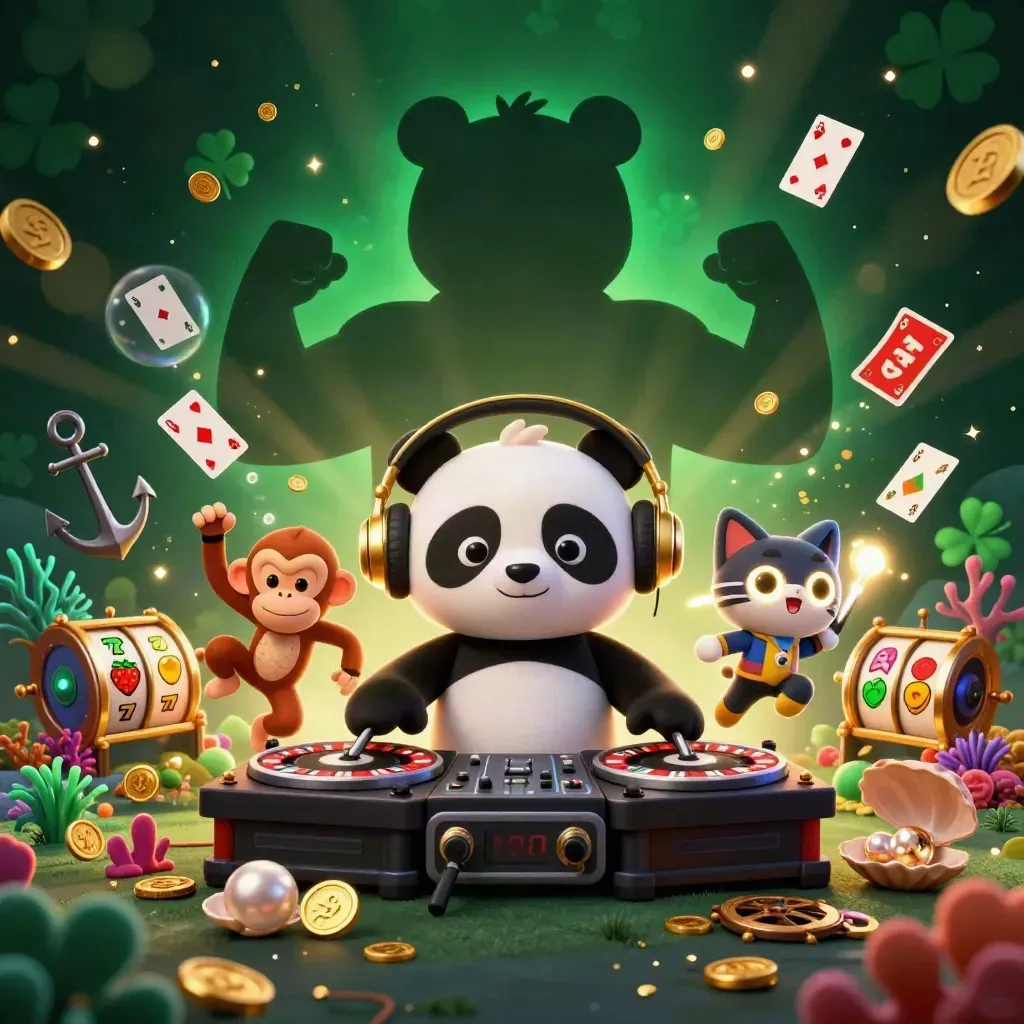 DJ panda, dancing monkey, and glow-stick kitten amid casino treasure and neon effects
