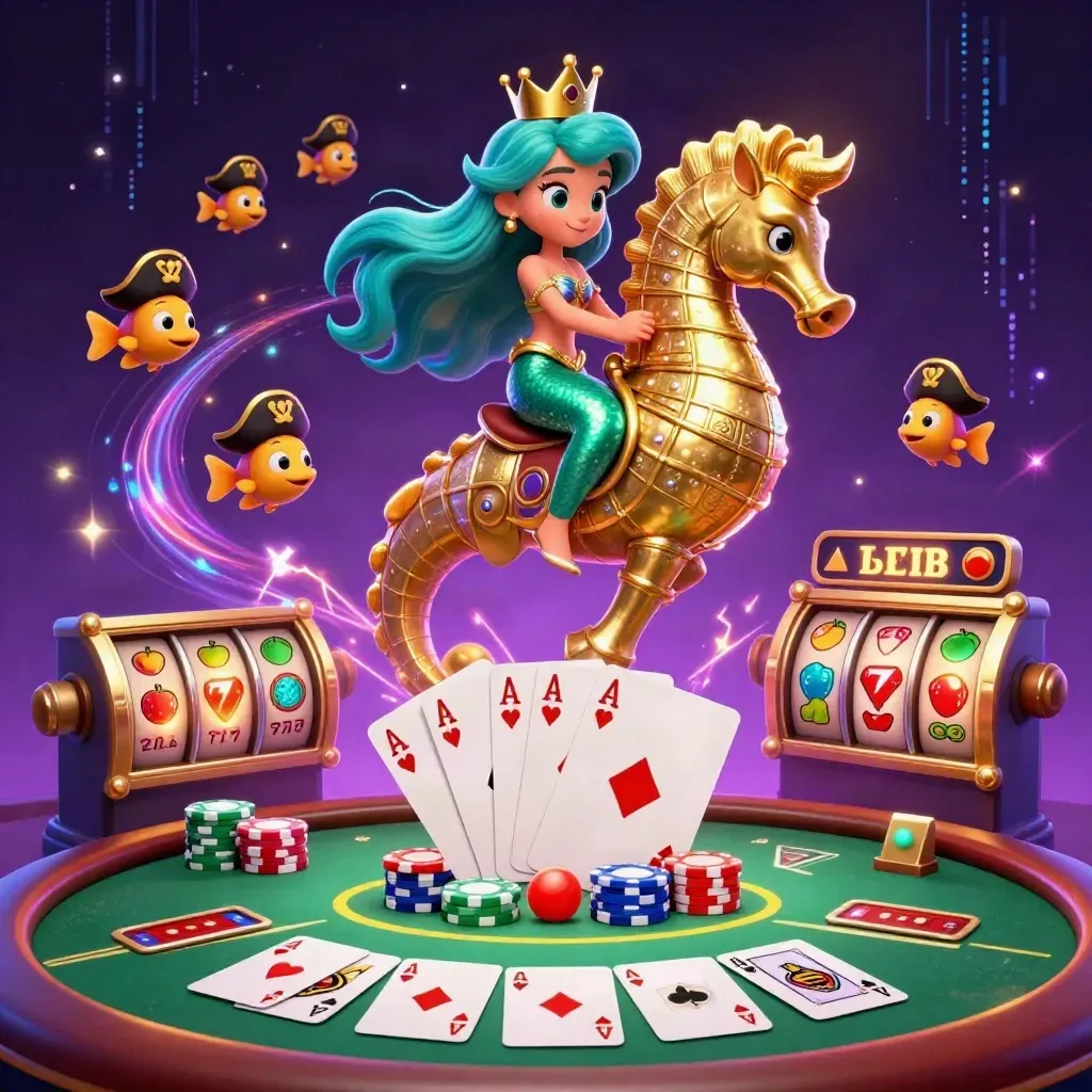 Mermaid princess on golden seahorse amid poker chips, cards, reels, neon magic, and pirate fish.