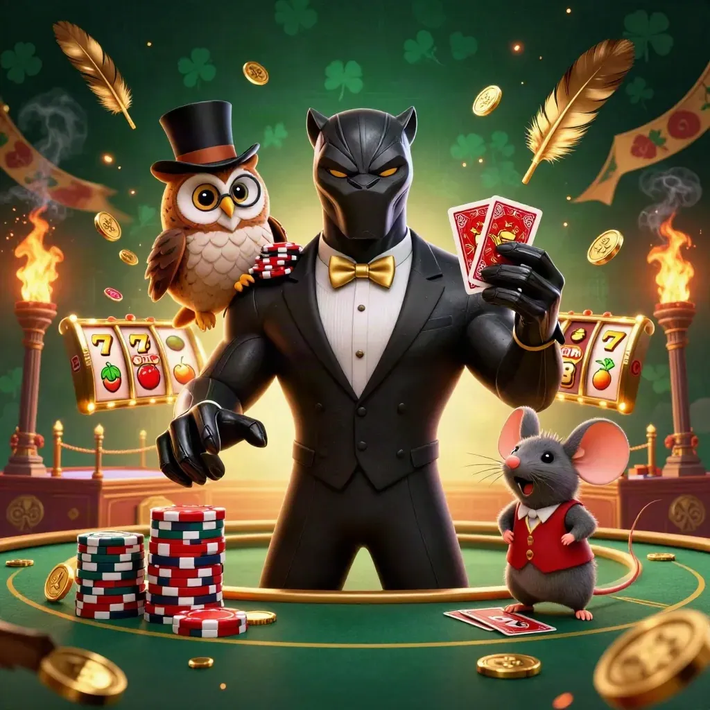 Panther, owl, and mouse in casino tuxedos amid chips, reels, and torchlight